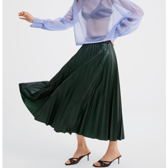 ZARA High Waisted Pleated Faux Leather Midi Skirt Forest Green - Picture 1 of 5